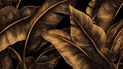 Fototapeta premium 81.A luxurious wallpaper design featuring hand-drawn golden banana leaves on a dark, contrasting background. The detailed line art of the tropical leaves creates an elegant, nature-inspired pattern