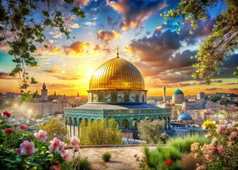 Fototapeta premium Captivating Double Exposure of the Dome of the Rock in Jerusalem Blending with Vibrant City Life and Nature, Capturing Spirituality and Culture in One Image