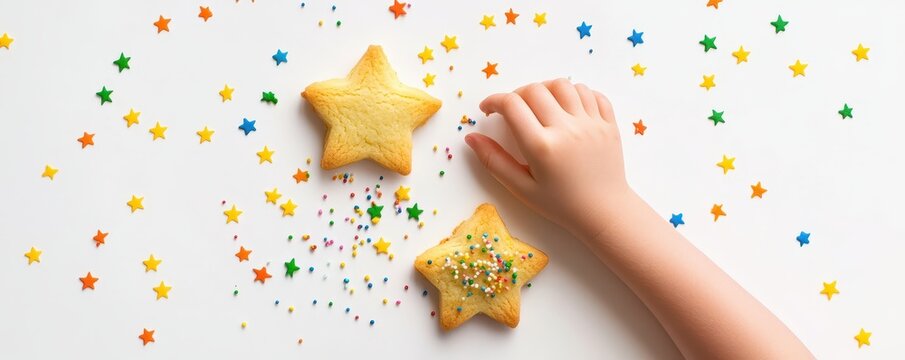 Hand of Kid holding Star shaped cookies on pink background,Valentine's Day,National Cookie Day,Month concept,banner, placard, card, and poster design template with text inscription.