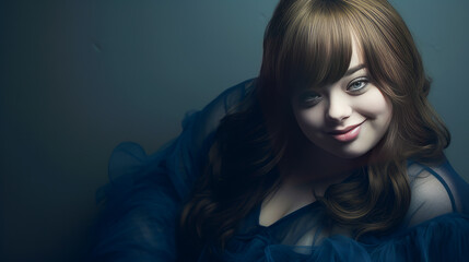 Fototapeta premium Portrait of smiling laughing teenage girl with Down syndrome blue background.