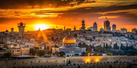 Fototapeta premium Captivating Silhouette Photography of Jerusalem's Iconic Skyline at Sunset with Historical Landmarks and Warm Tones Creating a Stunning Visual Experience