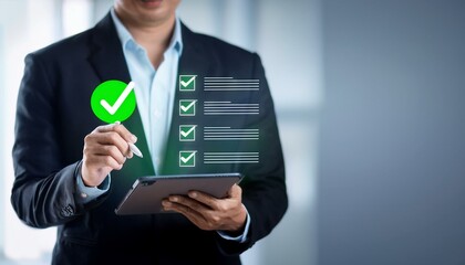 Businessman Using Digital Checklist on Tablet