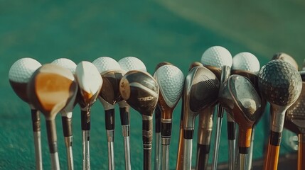 A Close-Up View of an Array of Golf Clubs and Golf Balls Arranged Neatly on a Green Surface Ready for Play and Perfect for Golf Enthusiasts and Sports Photography