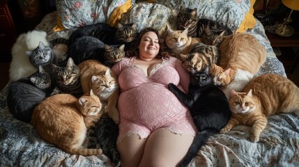 A woman is laying on a bed with many cats around her