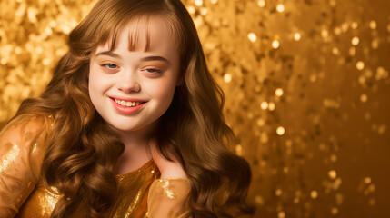Portrait of smiling laughing teenage girl with Down syndrome golden background.