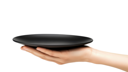 Hand holding an empty black plate on white transparent background
