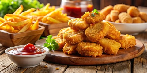 Fototapeta premium Closeup Architectural Photography of Chicken Nuggets Surrounded by Fast Food Elements Highlighting Texture and Color in an Inviting Culinary Scene