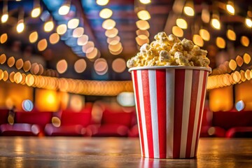 Close-Up of a Red and White Striped Popcorn Cup Overflowing with Fresh Popcorn in a Movie Theater Setting, Perfect for Capturing the Essence of Cinema and Snack Culture
