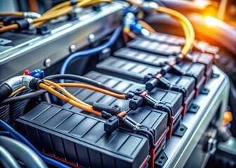 Closeup of an Electric Motorcycle Battery Pack with High-Voltage Cables and Safety Warnings, Showcasing Advanced EV Technology and Innovative Design Elements for Sustainable Transportation