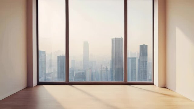 Collection of Footage Interior view of an empty room in a skyscraper, showcasing the cityscape during the day. The skyline view from a high-rise window offers a gorgeous property with a stunning view.