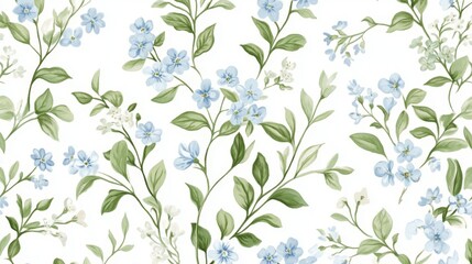 80.A timeless floral pattern featuring small blue wildflowers and soft green leaves, arranged in a delicate, seamless design. The vintage-inspired motif is set against a white background, emphasizing