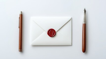 Elegant Flat Lay of Vintage Writing Tools with Sealed Envelope and Red Wax Stamp, Perfect for Romantic or Nostalgic Themed Projects and Communications