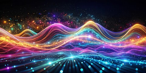 Abstract Digital Landscape With Multicolored Waves and Glittering Lights