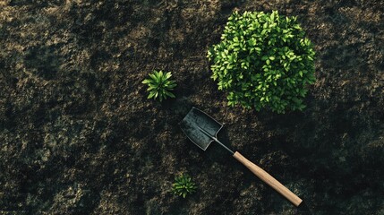 Fototapeta premium Aerial View of Soil with Gardening Shovel and Fresh Green Plants, Ideal for Illustrating Gardening, Nature, and Sustainable Practices in Stock Photography