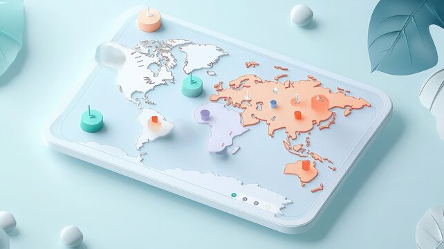 Education technology with gamification concept. A colorful, minimalist world map with pastel markers, showcasing various locations against a soft blue background.