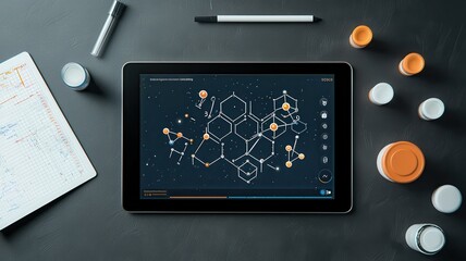 Education technology concept. A tablet displaying a molecular structure design on a dark background, surrounded by vials and a pen on a table.