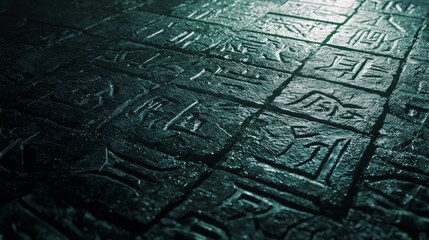 Fototapeta premium Mystical Engravings of Forgotten Lore - Detailed 3D Render of Illuminated Ancient Runes on Stone Slab in Dark Fantasy Setting