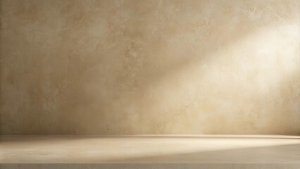 Light and Shadow on a Light Beige Textured Wall with a Smooth Shelf in Front