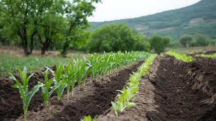 Fresh Green Corn Plants Growing in a Fertile Agricultural Field with Lush Trees in the Background and Cloudy Sky on a Tranquil Day