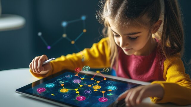 Education technology with gamification concept. A young girl interacts with a tablet displaying colorful digital connections, exploring concepts of science and technology.