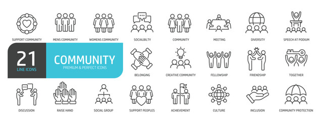 Set of line icons related to community, social, diversity, relationship. Outline icons collection. Editable stroke. Vector illustration.
