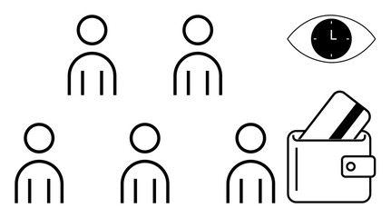 Outline of five figures, a wallet with a card, an eye containing a clock. Ideal for teamwork, security, time management, surveillance, finance productivity and efficiency. Line metaphor