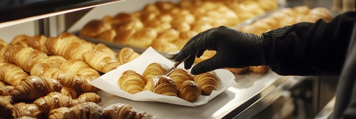 Obraz premium A cinematic still of the first scene in 'Bakery'. A person wearing black gloves is using tongs to place baked goods on top of a white paper display tray inside an all-white glass case filled with croi
