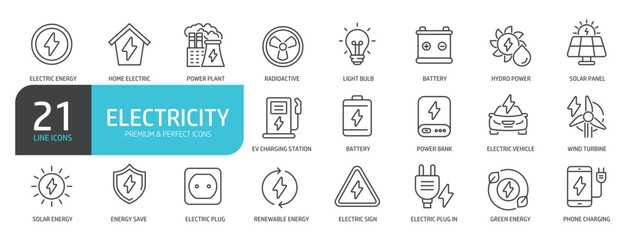 Set of line icons related to electricity, energy, power plant. Outline icons collection. Editable stroke. Vector illustration.
