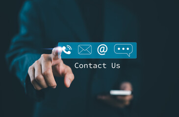 Obraz premium Contact us or Customer support hotline, people connect. Business Woman touching on virtual screen contact icons (email, address, live chat, telephone). Customer service, helpdesk advice online support