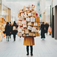 Young man struggling to carry a large pile of Christmas presents in a busy shopping mall