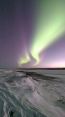 Luminous aurora borealis over an isolated snowy landscape, illuminating the sky with vibrant green, mobile wallpaper
