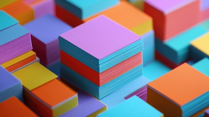 Obraz premium Colorful Stacks of Paper Squares in Vivid Shades of Pink, Blue, Yellow, and Orange Creating a Vibrant Abstract Background for Creative Designs and Visual Projects