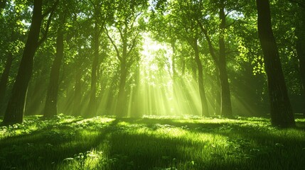 Obraz premium Enchanted Forest Glade - Surreal Dark Fantasy 3D Render with Soft Sunlight Illuminating Peaceful Clearing | Ultra-Detailed Digital Artwork