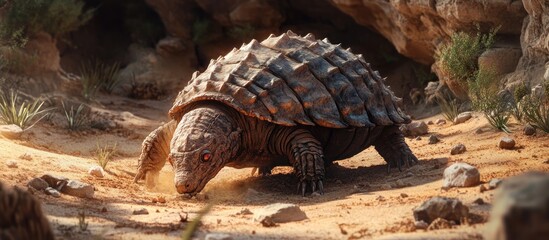 Fototapeta premium A large, armored turtle with red eyes walks across the sand.