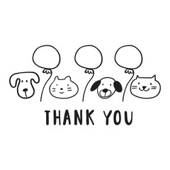 Friends. Cat and dogs with balloons. Phrase - Thank you. Design for greeting cards. Vector outline illustration on white background.