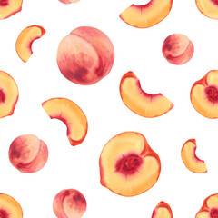 Peach is a fruit. Seamless pattern. Watercolor illustration on a white background, hand-painted. Juicy tropical fruits. A clipart for printing on fabric, creating a booklet.