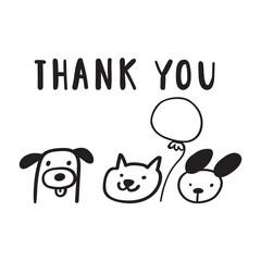 Friendly cat and dogs. Phrase -Thank you. Vector outline illustration on white background.
