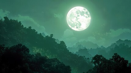 Enchanting moonlit landscape with vibrant green hues illuminating the misty forest hills under a large glowing full moon in a serene night sky