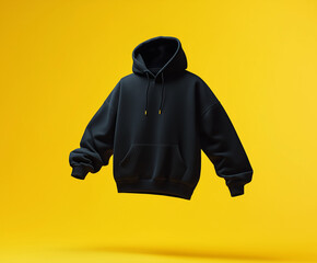 Blank Black Hoodie Mockup with Smooth Texture on Yellow Background