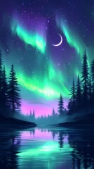 Naklejka premium Stunning aurora borealis dancing over a calm, snowy landscape, with vibrant colors illuminating the night sky