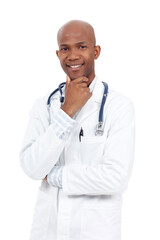 Fototapeta premium Doctor, portrait and arms crossed with smile, medical and healthcare success of African man. Studio, cardiology and wellness professional with confidence and happy from work with white background