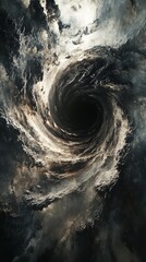 View of a black hole surrounded by spiraling cosmic matter, creating a mesmerizing and intense space scene