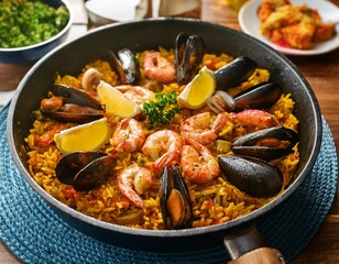 Spicy Seafood Paella with Fresh Shrimp, Mussels, and Saffron Rice, Captured in a Cozy Home Kitchen with Rustic Wooden Tableware and Bold, Vibrant Colors us on Detail and Elegance