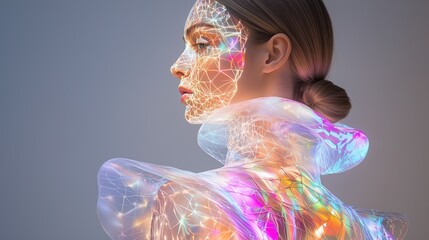 Futuristic Woman in Tech-Inspired Outfit With Intricate Digital Patterns Symbolizing Innovation