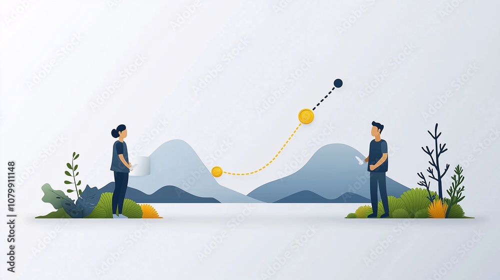 Poster infographic detail of customer engagement journey with characters analyzing data visuals in a scenic