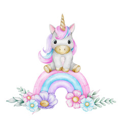Unicorn, Pink Rainbow, flowers and leaves. Isolated hand drawn watercolor illustration for logo, kid's goods, clothes, textiles, postcards, poster, baby shower and children's room