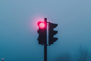 Red traffic light shining in the foggy night