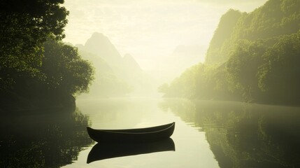 Fototapeta premium Mystical Waters: Tranquil Lakeside Fantasy 3D Render with Boat, Mountains, and Lush Landscapes