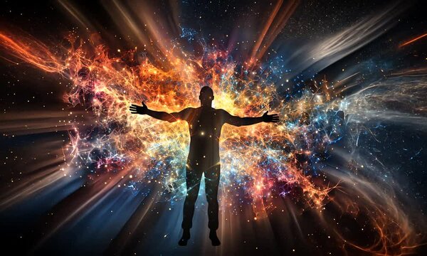 A silhouette of a man with arms outstretched, standing in front of a vibrant, colorful, explosion of light and energy.