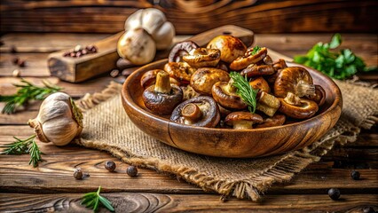 Close-up of freshly roasted Maronen mushrooms on a rustic wooden table, Maronen, mushrooms, autumn, seasonal, food